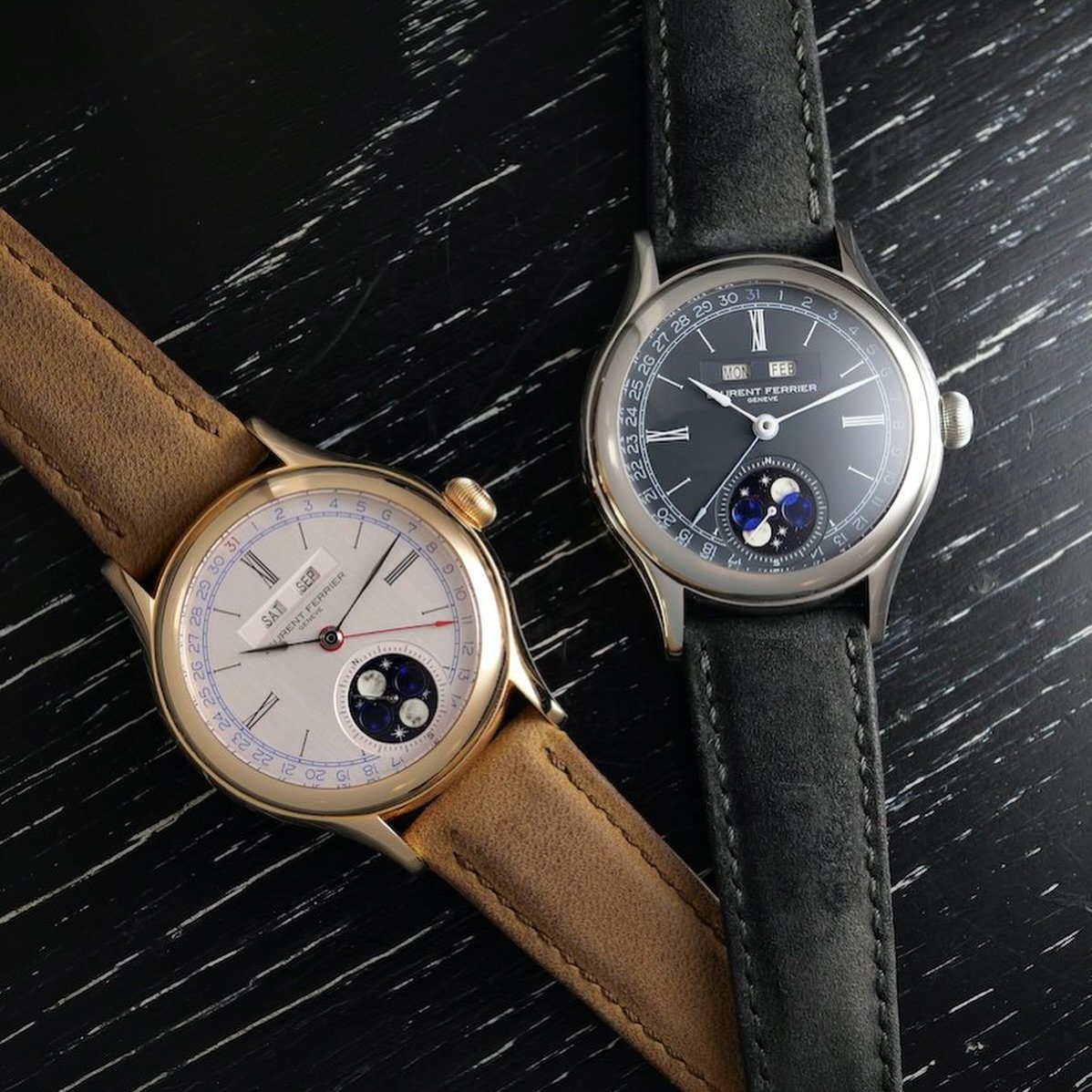 The Classic Moon by @laurent_ferrier, designed with meticulous attention to detail, showcases the brand&rsquo;s unparalleled craftsmanship. This timepiece features an elegant annual calendar, complemented by the horological marvel of a moon phase com